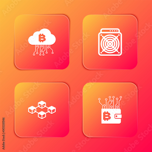 Set Cryptocurrency cloud mining, ASIC Miner, Blockchain technology and wallet icon. Vector