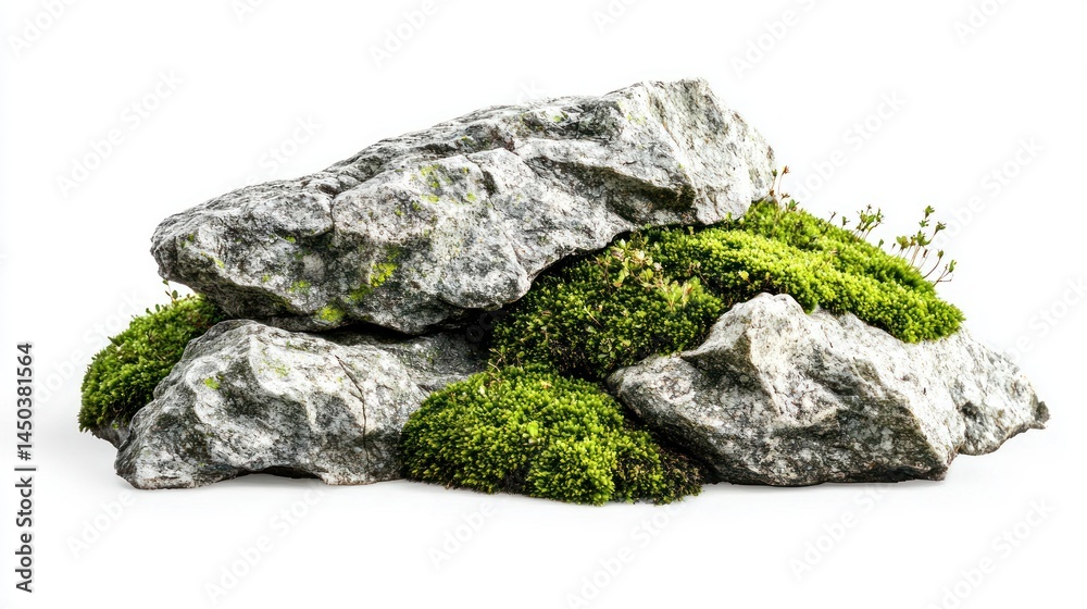 Moss-covered granite rocks with cracked surfaces on white background. Moss-covered granite rocks with cracked surfaces on white background.