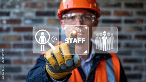 Construction worker interacts with digital staff interface.