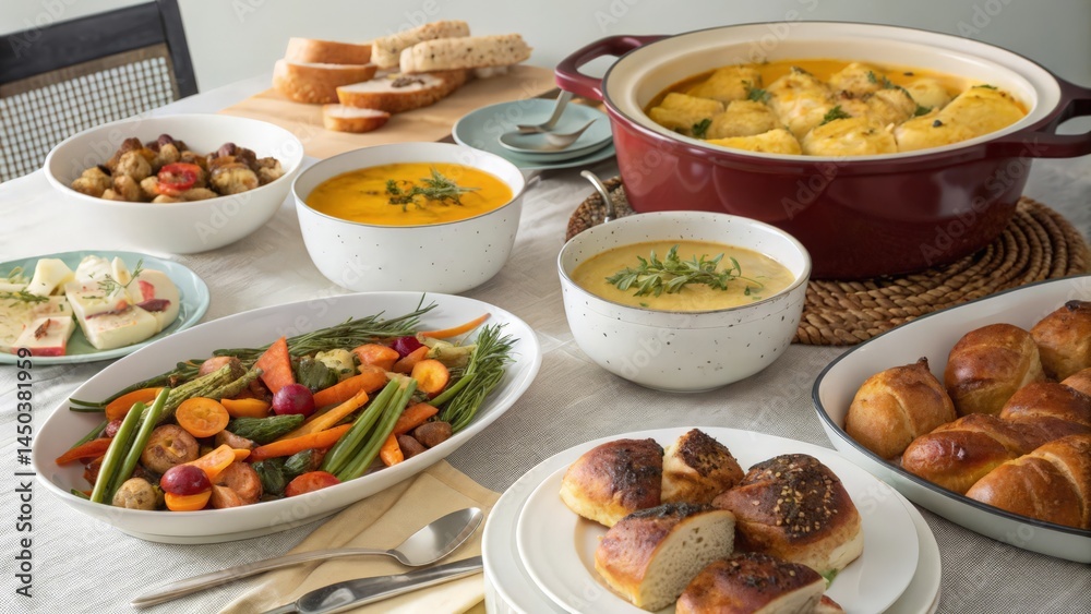 Rustic Dinner Table with Bowls of Soup, Roasted Vegetables, and Fresh Bread
Rustic Dinner Table with Bowls of Soup, Roasted Vegetables, and Fresh Bread