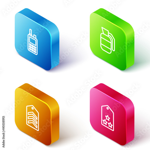 Set Isometric line Walkie talkie, Hand grenade, Chevron and Military rank icon. Vector