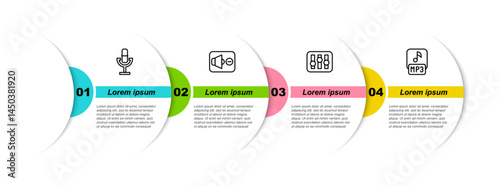 Set line Microphone, Speaker mute, Sound mixer controller and MP3 file. Business infographic template. Vector