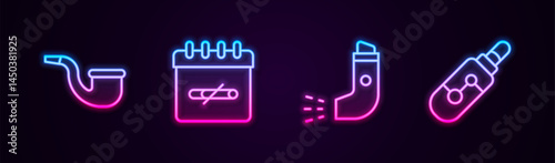Set line No pipe smoking, days, Inhaler and Electronic cigarette. Glowing neon icon. Vector