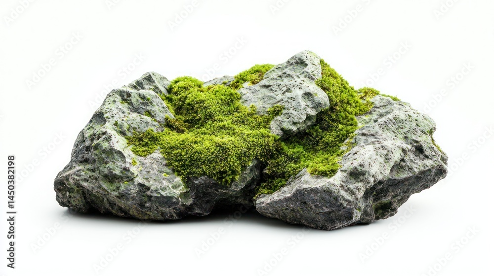Moss-covered limestone rocks with small cracks on white background. Moss-covered limestone rocks with small cracks on white background.