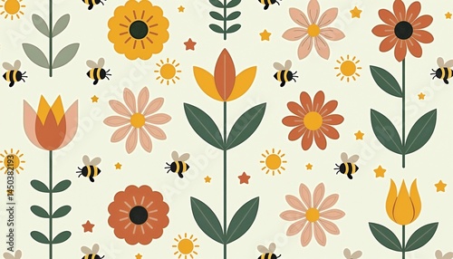 Stylized floral pattern [in folk-art style] [in muted warm tones] [suitable for textiles or wallpaper] [with copy space]