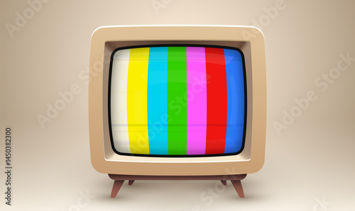 Realistic Vector Vintage TV Set with Striped Test Pattern. Retro TV.