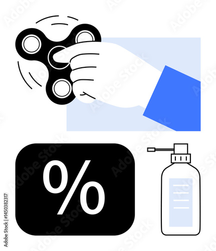 Hand spinning a fidget spinner, a bold percentage symbol, and a sanitizer bottle. Ideal for stress relief, focus, hygiene, relaxation, productivity discounts and wellness themes. Flat simple