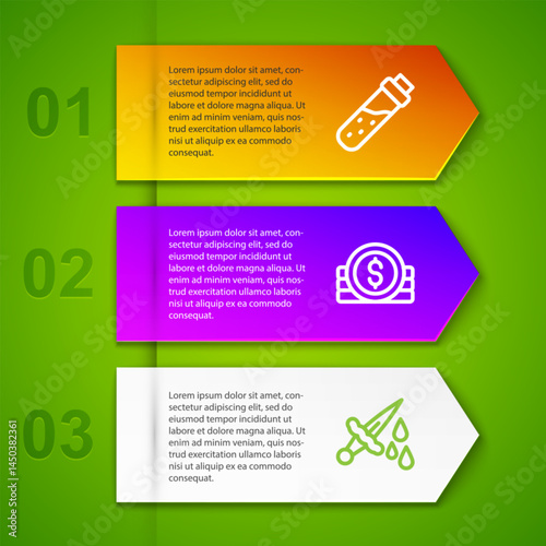 Set line Bottle with potion, Ancient coin and Sword blood. Business infographic template. Vector