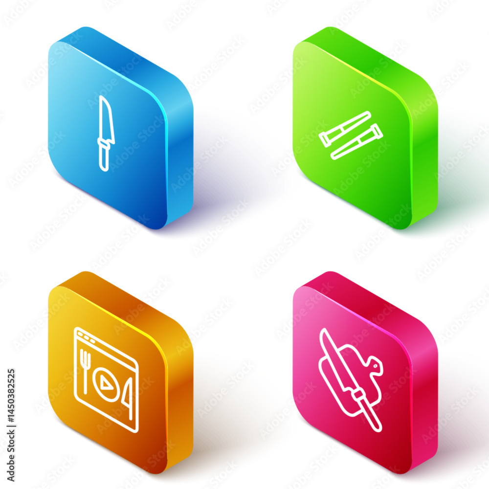 Fototapeta premium Set Isometric line Knife, Food chopsticks, Cooking live streaming and Cutting board and knife icon. Vector