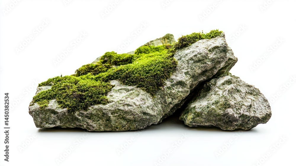 Moss-covered limestone rocks with small cracks on white background. Moss-covered limestone rocks with small cracks on white background.