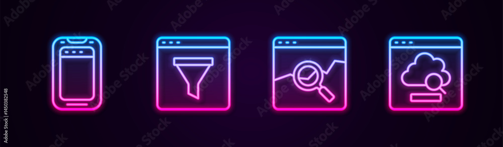 Fototapeta premium Set line Mobile phone, Browser window, Website with stocks market and Cloud technology data transfer. Glowing neon icon. Vector