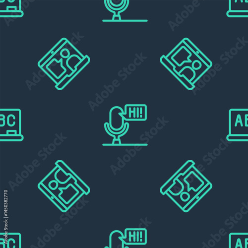 Set line Microphone voice device, Foreign language online study and Chalkboard on seamless pattern. Vector