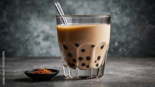 Fresh milk tea served in a glass cup on textured background