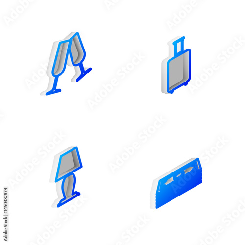Set Isometric line Travel suitcase, Glasses of champagne, Table lamp and Stacks paper money cash icon. Vector