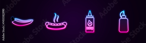 Set line Hot chili pepper pod, Hotdog sandwich, Ketchup bottle and Mustard. Glowing neon icon. Vector