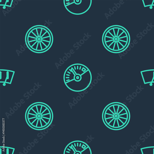 Set line Speedometer, Car wheel and Windscreen wiper on seamless pattern. Vector
