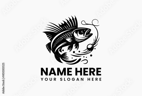 Ornate fishing crest with crossed rods and net, vintage vector logo for seafood restaurants and marinas  