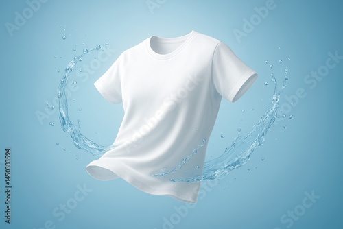 Clean white t-shirt is floating and surrounded by two symmetrical splashes of water forming a circle on a blue background, representing washing, freshness, and laundry