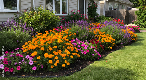 Wallpaper Mural Vibrant Flowerbed With Summer Blossoms In Front Of Residential House Torontodigital.ca