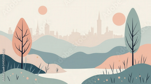 Tranquil landscape featuring stylized trees, rolling hills, and a distant city skyline under a soft sunlit sky, offering a peaceful, artistic view of nature and urban design