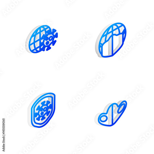 Set Isometric line Earth with medical mask, globe virus, Shield protecting from and Medical protective icon. Vector