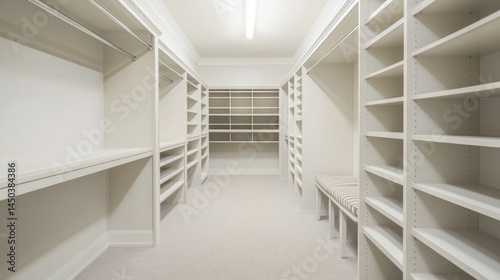 Spacious Walk-in Closet Design: Luxurious White Shelving and Storage Solutions
