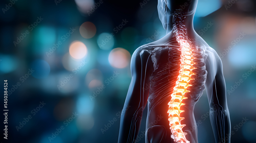 Fototapeta premium Ilustración médica de la columna vertebral humana con énfasis en la salud espinal, sistema óseo, dolor y anatomía, fondo tecnológico y científico