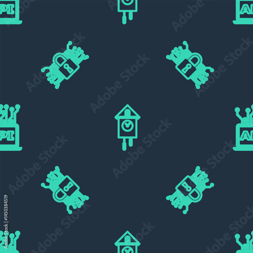 Set line Retro wall watch, Cyber security and Computer api interface on seamless pattern. Vector