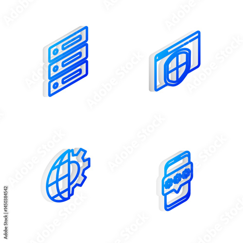 Set Isometric line Browser with shield, Server, Data, Web Hosting, Globe of the Earth and gear and Mobile password icon. Vector