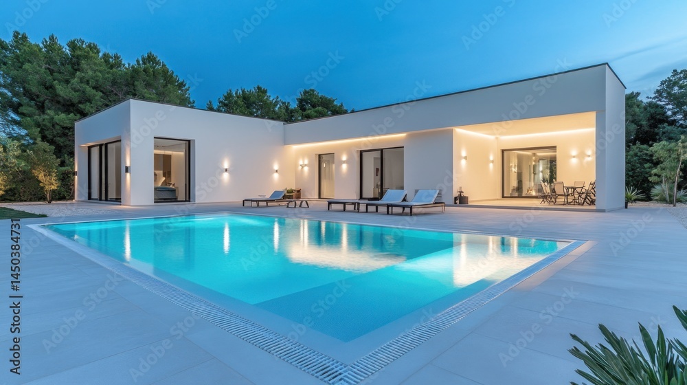 Fototapeta premium Modern home exterior with swimming pool at twilight for lifestyle concepts