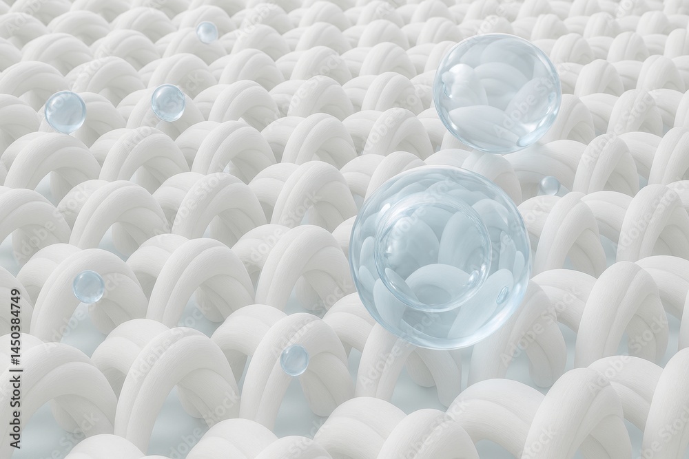 Obraz premium Microscopic view showcasing water droplets resting on a textured, white, water-repellent fabric, demonstrating its resistance to absorption and highlighting its innovative design