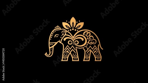 Ornate golden elephant logo on black background