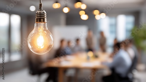 Illuminated lightbulb in office meeting room; brainstorming, modern workplace; business concept