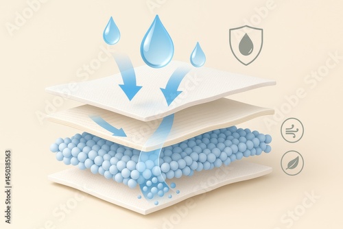 Water drops are bouncing off the top layer of absorbent material, filtering through breathable and waterproof layers, demonstrating the effectiveness of advanced material technology
