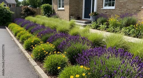 Lush Front Yard Garden Featuring Lavender, Ornamental Grasses, and Yellow Flowers
