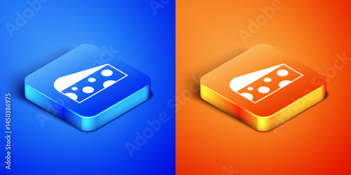 Isometric Cheese icon isolated on blue and orange background. Square button. Vector