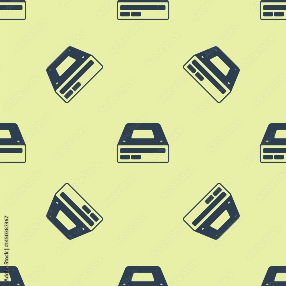 Blue Optical disc drive icon isolated seamless pattern on yellow background. CD DVD laptop tray drive for read and write data disc. Vector