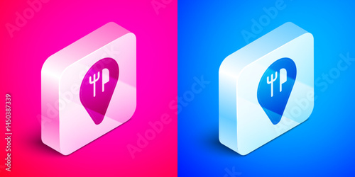 Isometric Cafe and restaurant location icon isolated on pink and blue background. Fork and spoon eatery sign inside pinpoint. Silver square button. Vector.