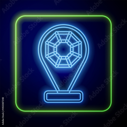 Glowing neon Front facade building jewelry store icon isolated on blue background. Vector