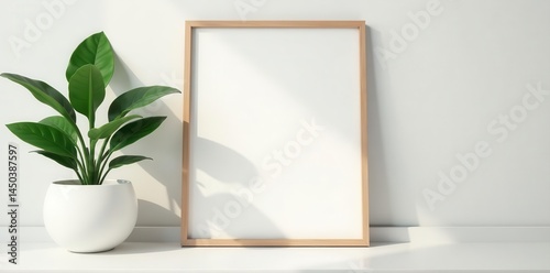 Empty frame mockup, minimalist interior, green plant , blank, frame mockup, template