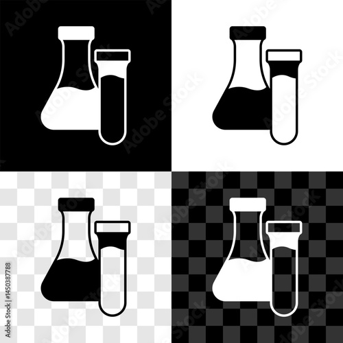 Set Test tube and flask chemical laboratory test icon isolated on black and white, transparent background. Laboratory glassware sign. Vector