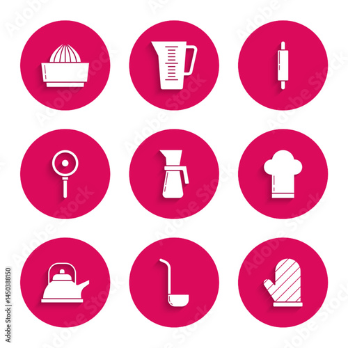 Set Measuring cup, Kitchen ladle, Oven glove, Chef hat, Kettle with handle, Frying pan, Rolling pin and Citrus fruit juicer icon. Vector