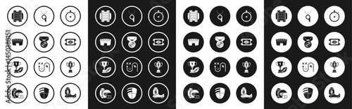 Set Stopwatch, American Football ball with medal, stadium, football field, ticket, Whistle, Award cup and and icon. Vector