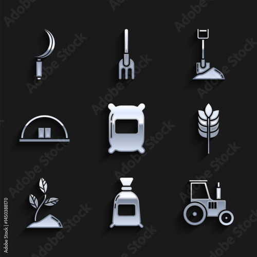 Set Bag of flour, Tractor, Cereals with rice, wheat, corn, oats, rye, Sprout, Hangar, Shovel in the ground and Sickle icon. Vector