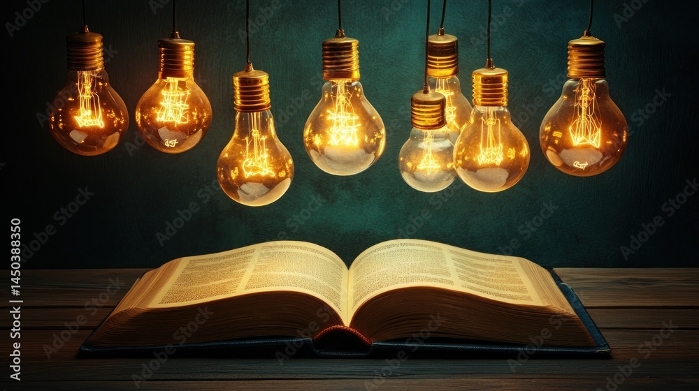 Obraz premium Open book illuminated by hanging vintage light bulbs