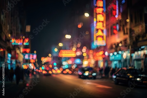 Blurry night street scene, vibrant colorful lights illuminating a bustling city street.  Pedestrians and vehicles are softly blurred, showcasing a busy urban atmosphere