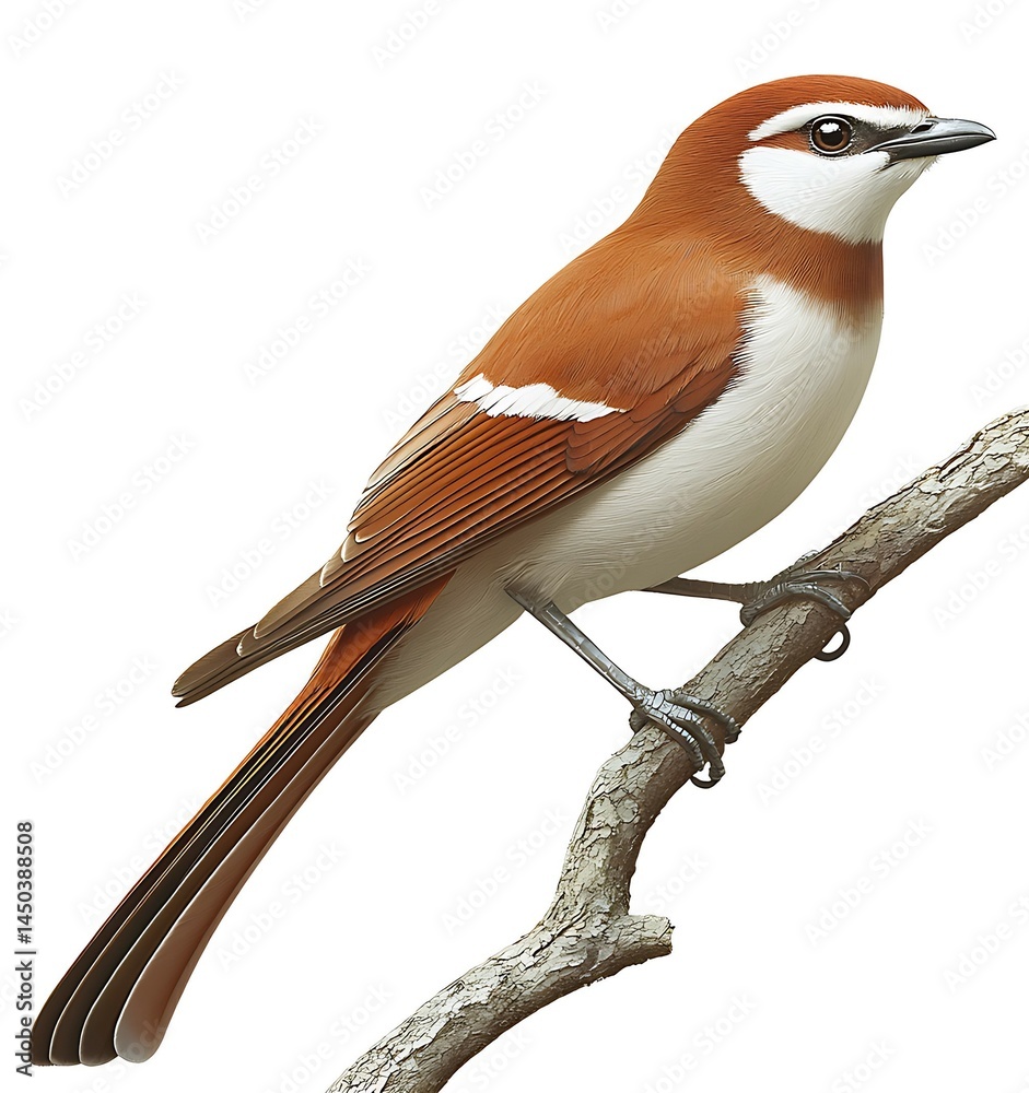 A reddish-brown bird with white facial markings perched on a twig isolated against a white background.