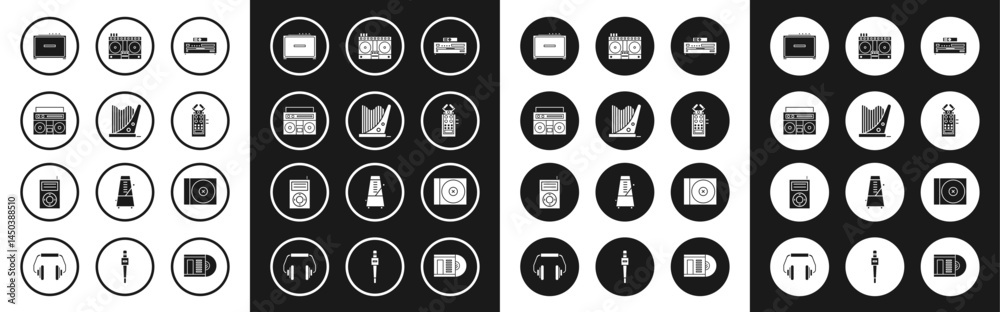 Set Music CD player, Harp, Home stereo with two speakers, Guitar amplifier, Microphone, DJ remote for playing and mixing music, DVD disk and MP3 icon. Vector Set Music CD player, Harp, Home stereo with two speakers, Guitar amplifier, Microphone, DJ remote for playing and mixing music, DVD disk and MP3 icon. Vector