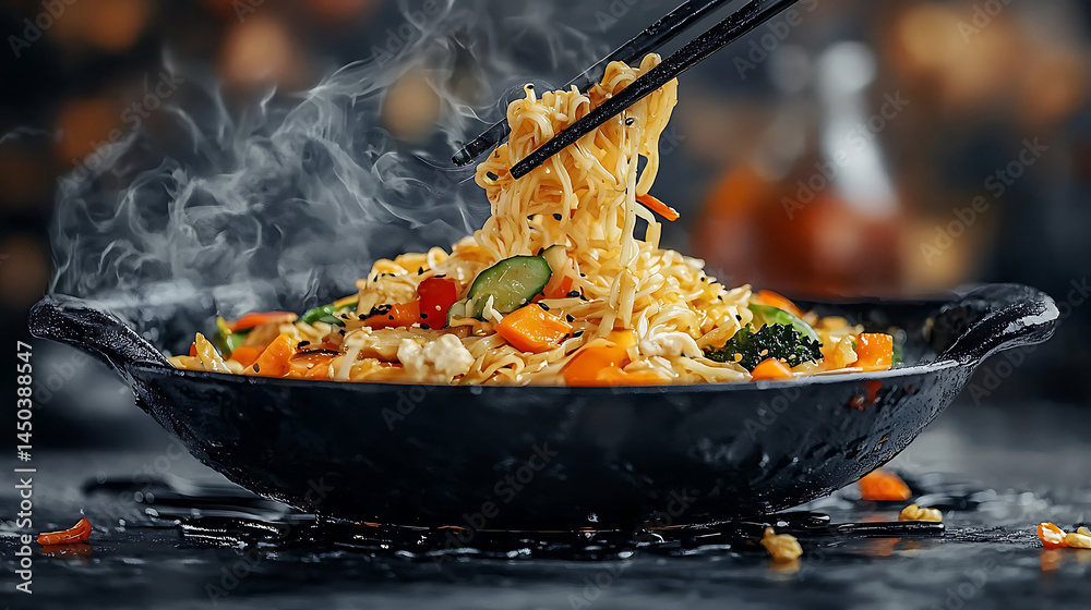 Steaming noodles with vegetables in a dark bowl being lifted with chopsticks create a visually appealing dish.