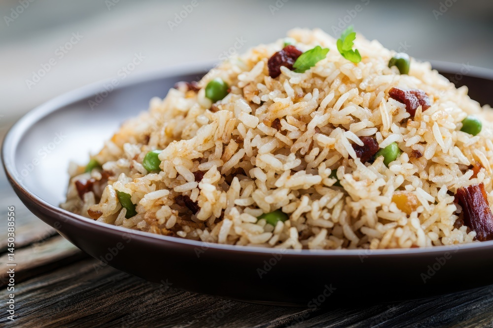 Delicious bowl of flavorful rice dish garnished with herbs, served on rustic wooden table Delicious bowl of flavorful rice dish garnished with herbs, served on rustic wooden table